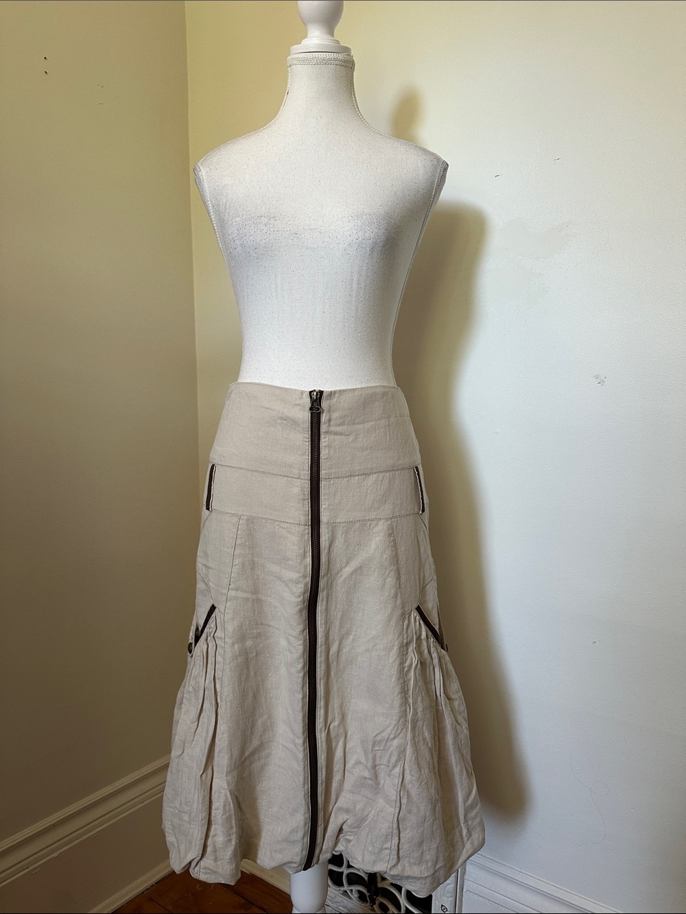 UNBRANDED Beige Linen Cargo Boho Lagenlook Earthy Artisan Midi Skirt